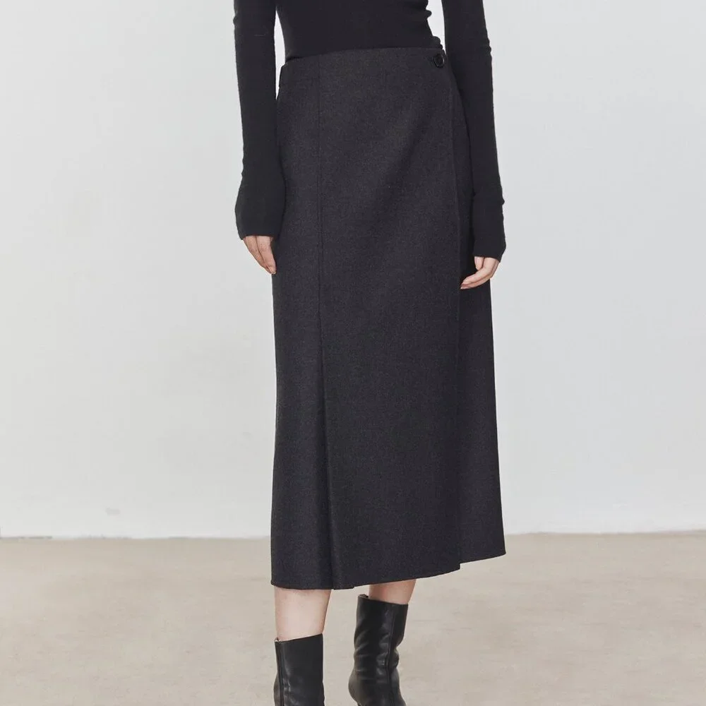 CHICJOC High-End 100% Wool Midi Wrap Skirt w/ Silk Waistband – Size 38 in grey